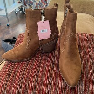 Sam & Libby Brighton Western Booties Womens 9 NEW w TAGS Toffee Block Heel Boots